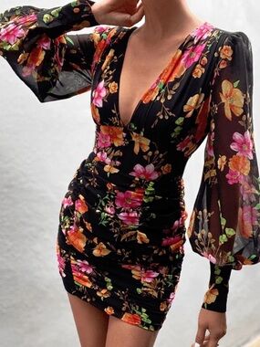 Runaway The Label Floral Ruched Mini Dress Black Pink Plunge Bell Sleeve Size S